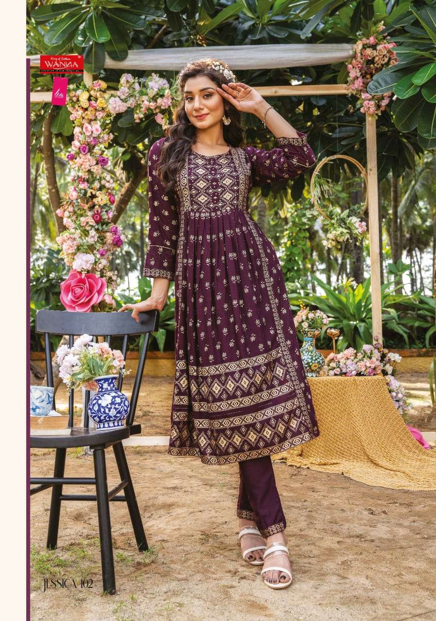 JESSICA BY WANNA 101 TO 106 SERIES DESIGNER STYLISH FANCY COLORFUL BEAUTIFUL PARTY WEAR & ETHNIC WEAR COLLECTION PURE RAYON KURTIS WITH BOTTOM AT WHOLESALE PRICE