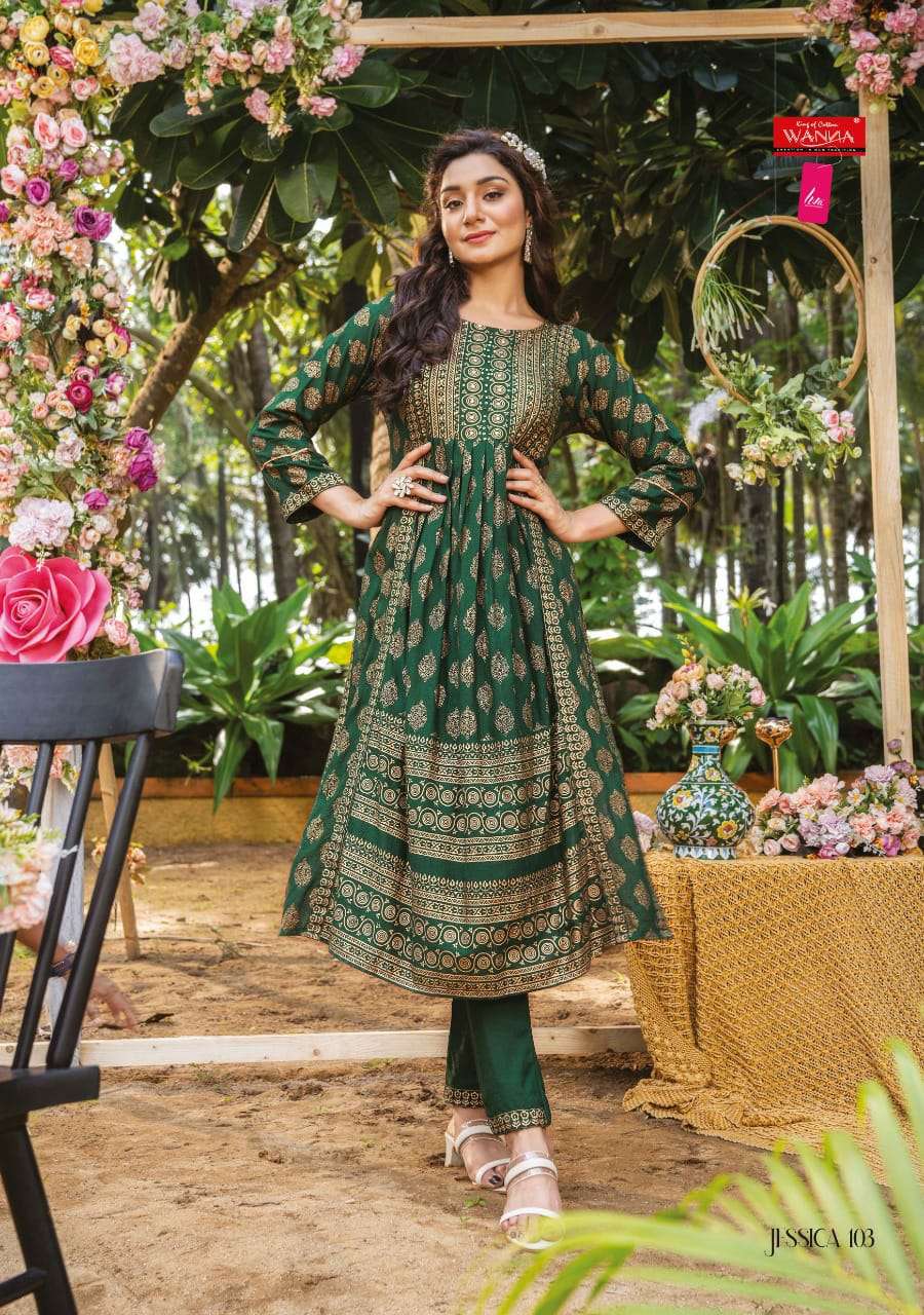 JESSICA BY WANNA 101 TO 106 SERIES DESIGNER STYLISH FANCY COLORFUL BEAUTIFUL PARTY WEAR & ETHNIC WEAR COLLECTION PURE RAYON KURTIS WITH BOTTOM AT WHOLESALE PRICE