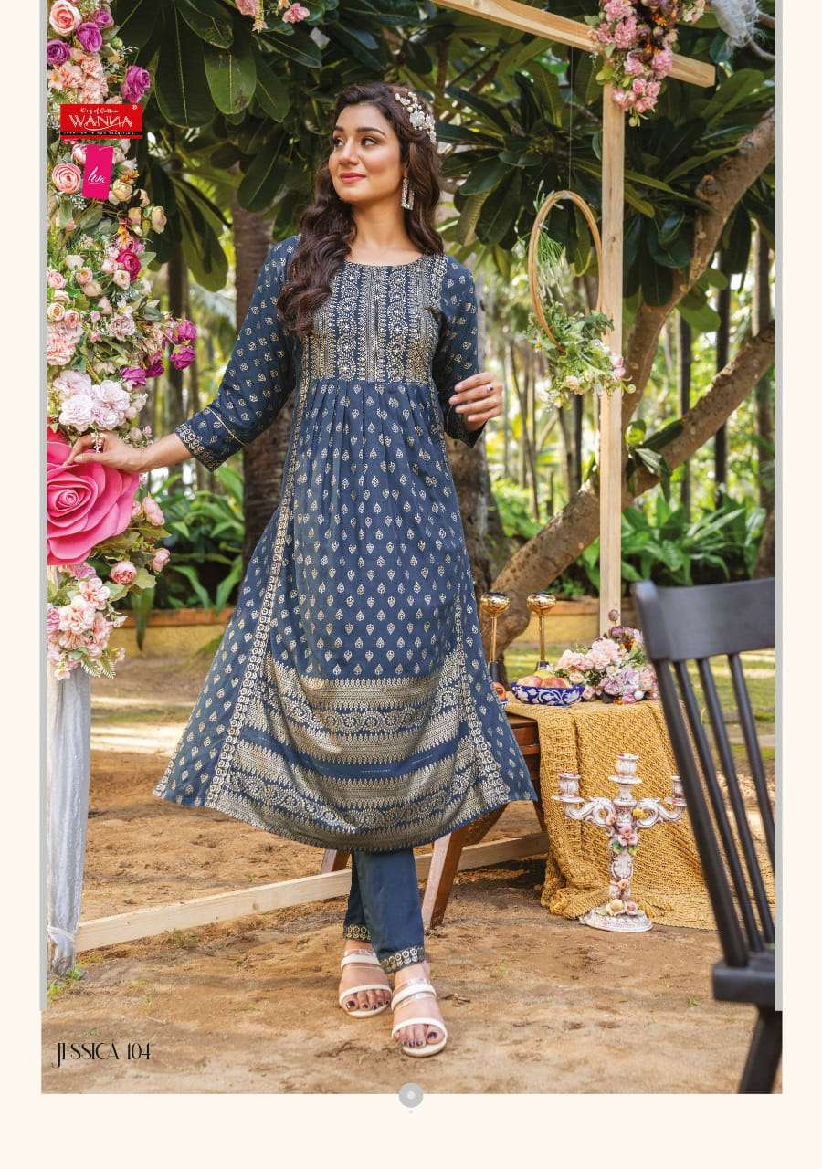 JESSICA BY WANNA 101 TO 106 SERIES DESIGNER STYLISH FANCY COLORFUL BEAUTIFUL PARTY WEAR & ETHNIC WEAR COLLECTION PURE RAYON KURTIS WITH BOTTOM AT WHOLESALE PRICE