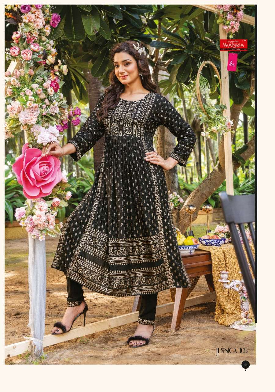JESSICA BY WANNA 101 TO 106 SERIES DESIGNER STYLISH FANCY COLORFUL BEAUTIFUL PARTY WEAR & ETHNIC WEAR COLLECTION PURE RAYON KURTIS WITH BOTTOM AT WHOLESALE PRICE