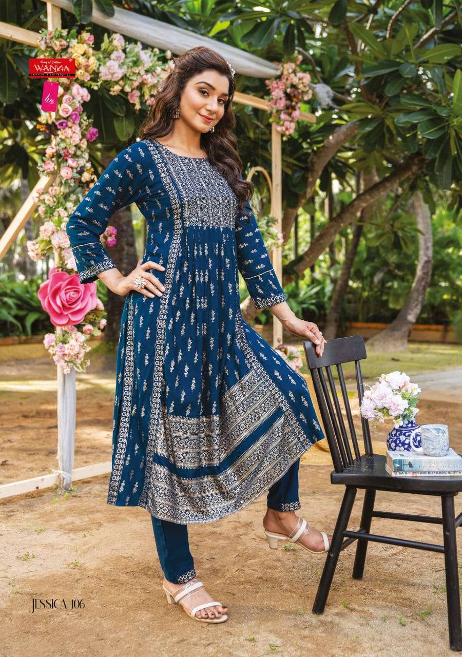 JESSICA BY WANNA 101 TO 106 SERIES DESIGNER STYLISH FANCY COLORFUL BEAUTIFUL PARTY WEAR & ETHNIC WEAR COLLECTION PURE RAYON KURTIS WITH BOTTOM AT WHOLESALE PRICE