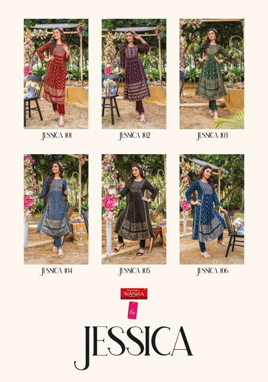 JESSICA BY WANNA 101 TO 106 SERIES DESIGNER STYLISH FANCY COLORFUL BEAUTIFUL PARTY WEAR & ETHNIC WEAR COLLECTION PURE RAYON KURTIS WITH BOTTOM AT WHOLESALE PRICE