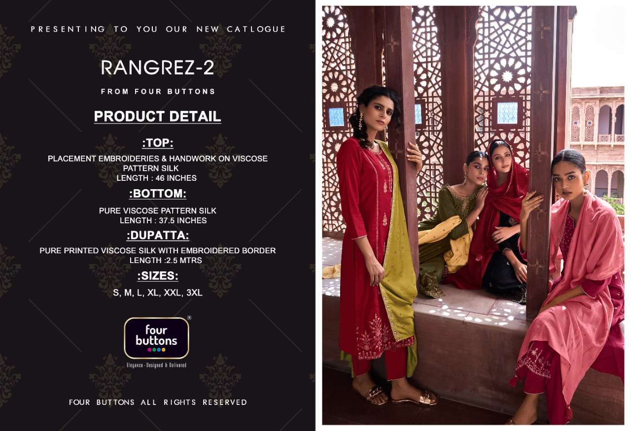 RANGREZ VOL-2 BY FOUR BUTTONS 2001 TO 2006 SERIES DESIGNER SUITS COLLECTION BEAUTIFUL STYLISH COLORFUL FANCY PARTY WEAR & OCCASIONAL WEAR VISCOSE SILK EMBROIDERY DRESSES AT WHOLESALE PRICE