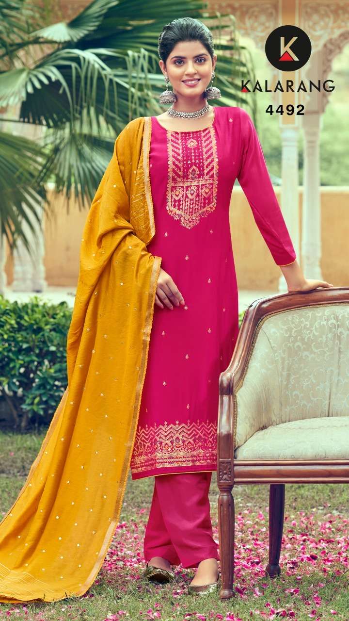 DAMINI BY KALARANG 4491 TO 4494 SERIES BEAUTIFUL SUITS COLORFUL STYLISH FANCY CASUAL WEAR & ETHNIC WEAR PURE MUSLIN JACQUARD DRESSES AT WHOLESALE PRICE