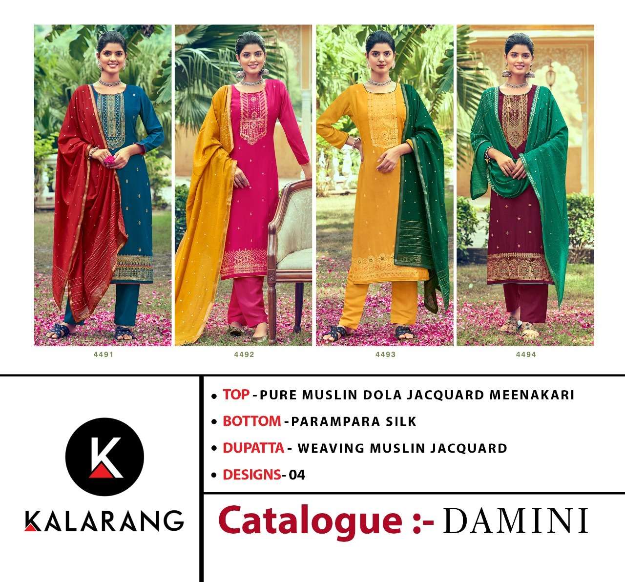 DAMINI BY KALARANG 4491 TO 4494 SERIES BEAUTIFUL SUITS COLORFUL STYLISH FANCY CASUAL WEAR & ETHNIC WEAR PURE MUSLIN JACQUARD DRESSES AT WHOLESALE PRICE