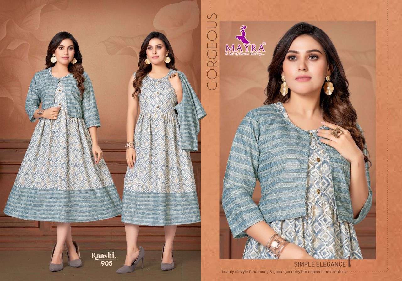 RAASHI BY MAYRA 901 TO 908 SERIES DESIGNER STYLISH FANCY COLORFUL BEAUTIFUL PARTY WEAR & ETHNIC WEAR COLLECTION PURE RAYON KURTIS WITH JACKET AT WHOLESALE PRICE