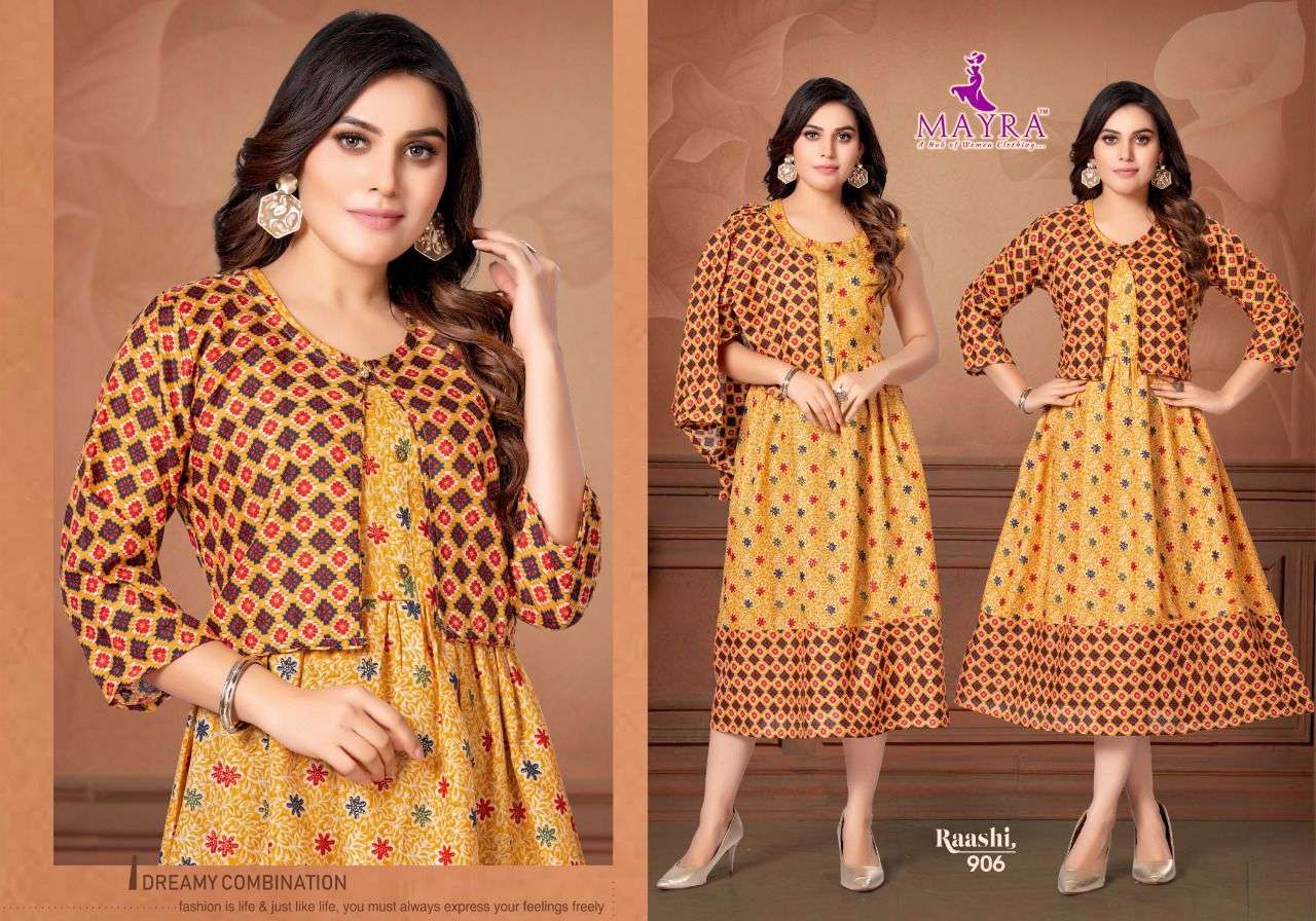 RAASHI BY MAYRA 901 TO 908 SERIES DESIGNER STYLISH FANCY COLORFUL BEAUTIFUL PARTY WEAR & ETHNIC WEAR COLLECTION PURE RAYON KURTIS WITH JACKET AT WHOLESALE PRICE