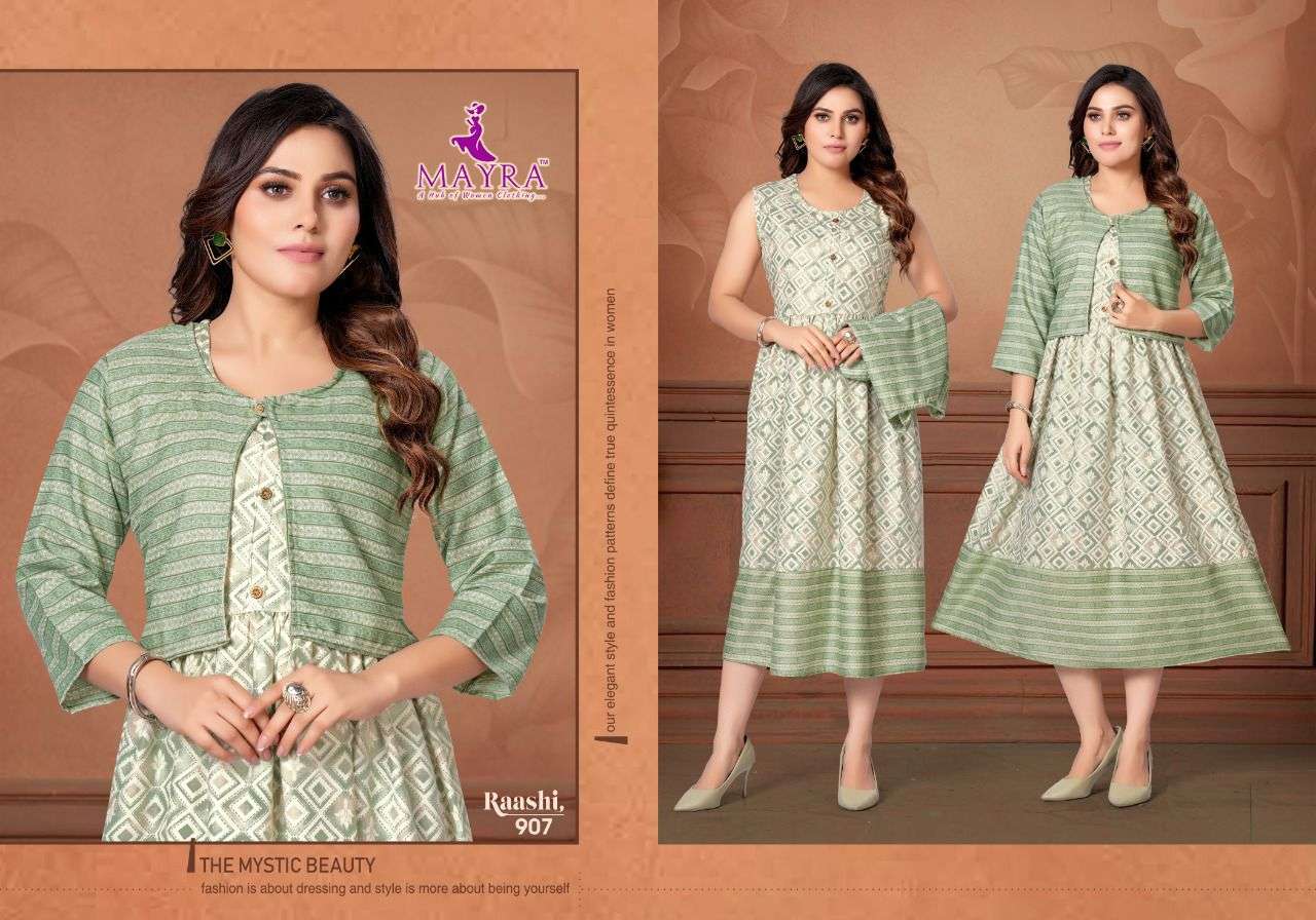 RAASHI BY MAYRA 901 TO 908 SERIES DESIGNER STYLISH FANCY COLORFUL BEAUTIFUL PARTY WEAR & ETHNIC WEAR COLLECTION PURE RAYON KURTIS WITH JACKET AT WHOLESALE PRICE