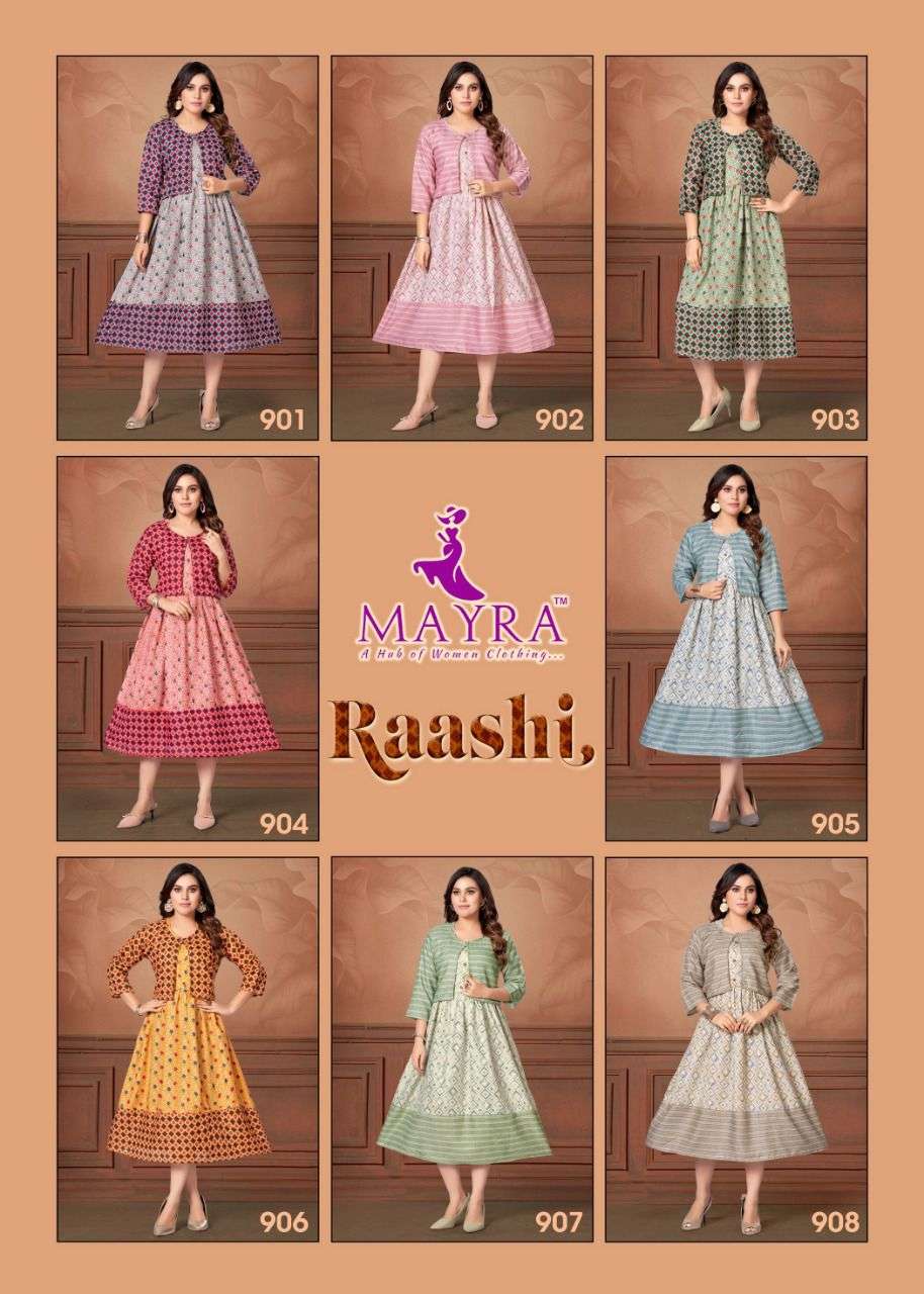 RAASHI BY MAYRA 901 TO 908 SERIES DESIGNER STYLISH FANCY COLORFUL BEAUTIFUL PARTY WEAR & ETHNIC WEAR COLLECTION PURE RAYON KURTIS WITH JACKET AT WHOLESALE PRICE