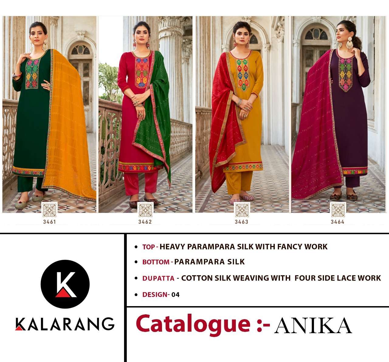 ANIKA BY KALARANG 3461 TO 3464 SERIES BEAUTIFUL SUITS COLORFUL STYLISH FANCY CASUAL WEAR & ETHNIC WEAR SILK DRESSES AT WHOLESALE PRICE