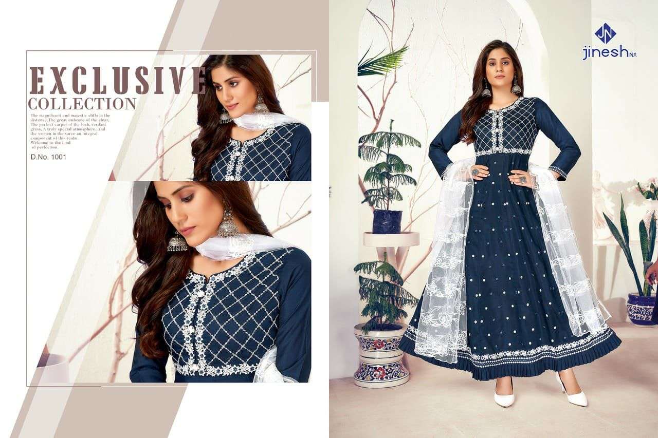 RIMZIM BY JINESH NX 1001 TO 1006 SERIES BEAUTIFUL STYLISH FANCY COLORFUL CASUAL WEAR & ETHNIC WEAR SILK EMBROIDERED GOWNS WITH DUPATTA AT WHOLESALE PRICE