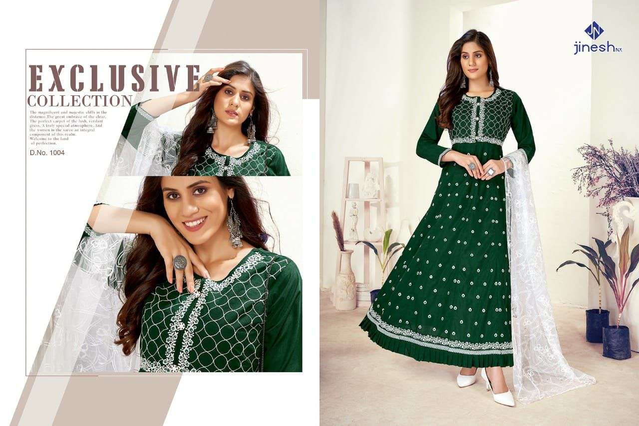 RIMZIM BY JINESH NX 1001 TO 1006 SERIES BEAUTIFUL STYLISH FANCY COLORFUL CASUAL WEAR & ETHNIC WEAR SILK EMBROIDERED GOWNS WITH DUPATTA AT WHOLESALE PRICE
