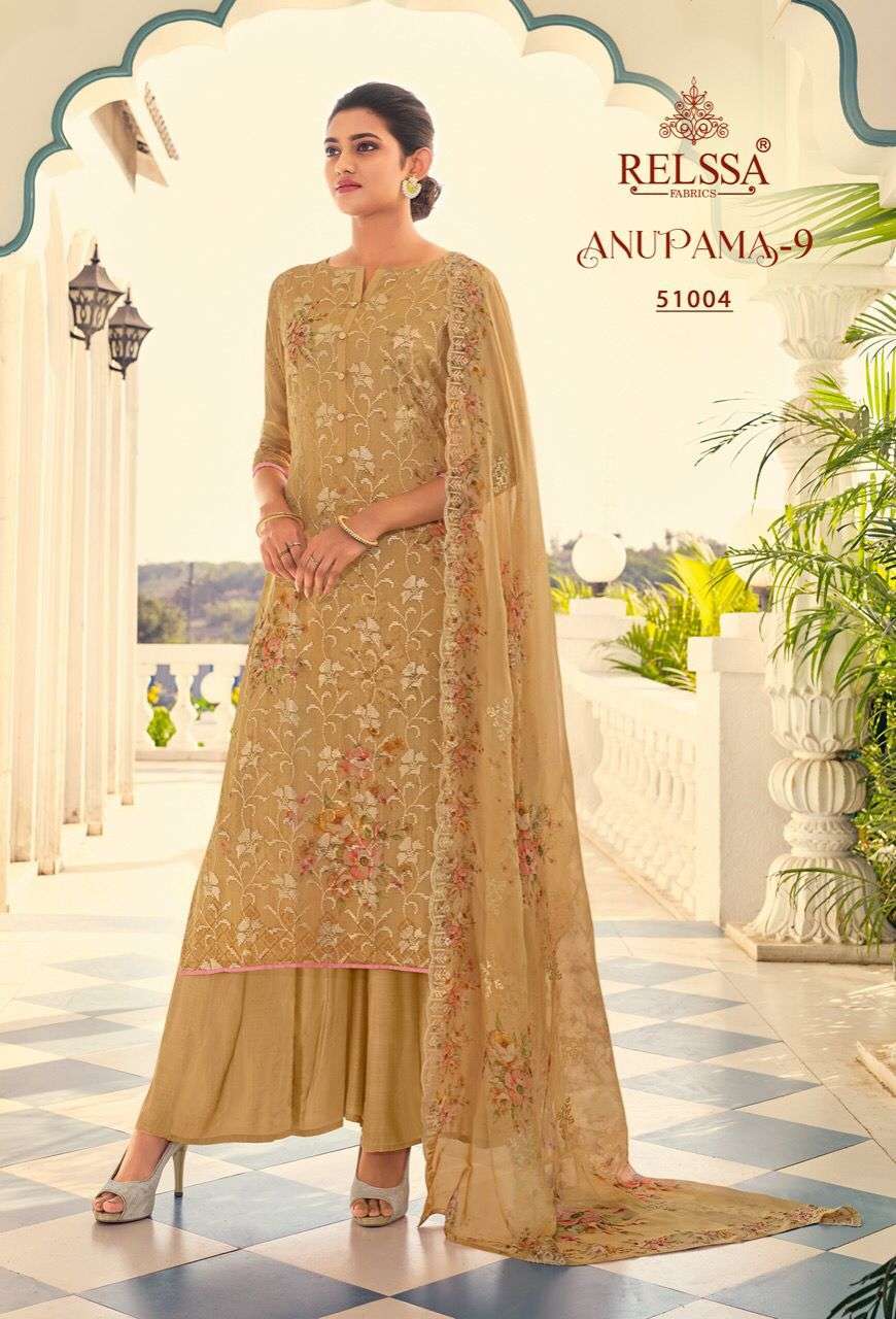 ANUPAMA VOL-9 BY RELSSA FABRICS 51001 TO 51006 SERIES BEAUTIFUL STYLISH SHARARA SUITS FANCY COLORFUL CASUAL WEAR & ETHNIC WEAR & READY TO WEAR BANARASI ORGANZA DRESSES AT WHOLESALE PRICE