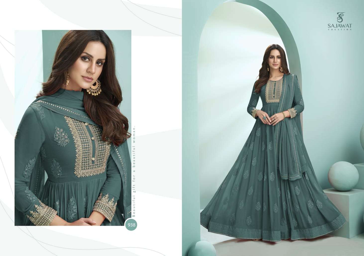 KALPI GOLD BY SAJAWAT CREATION 937 TO 940 SERIES BEAUTIFUL STYLISH ANARKALI SUITS FANCY COLORFUL CASUAL WEAR & ETHNIC WEAR & READY TO WEAR HEAVY FAUX GEORGETTE EMBROIDERED DRESSES AT WHOLESALE PRICE