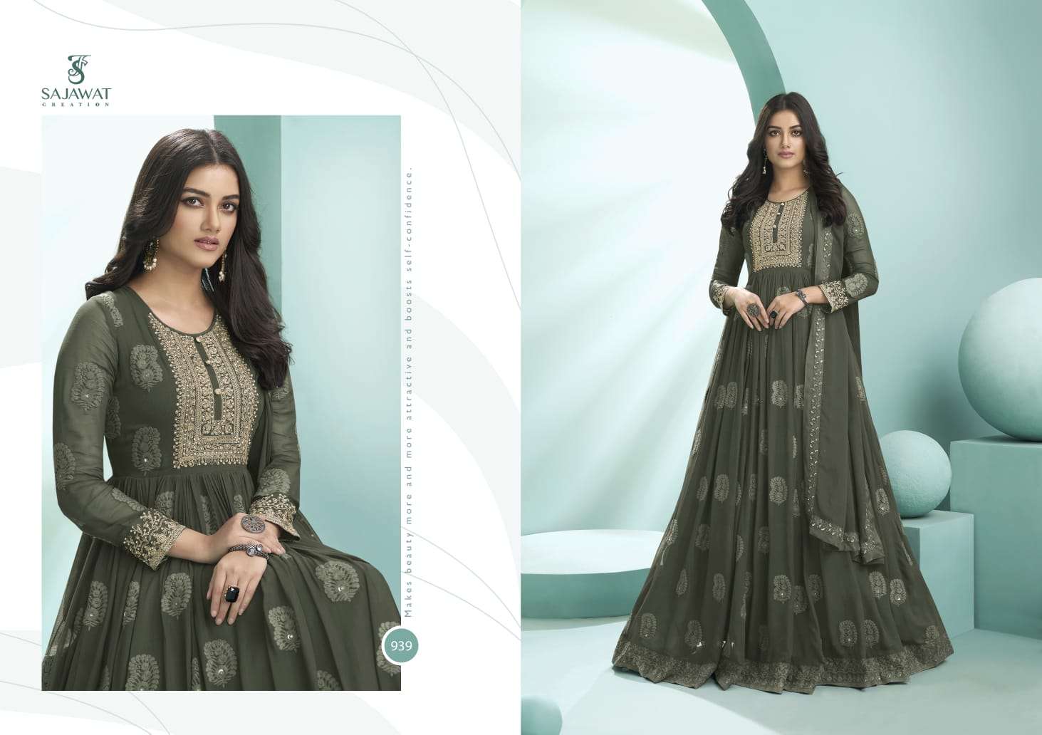 KALPI GOLD BY SAJAWAT CREATION 937 TO 940 SERIES BEAUTIFUL STYLISH ANARKALI SUITS FANCY COLORFUL CASUAL WEAR & ETHNIC WEAR & READY TO WEAR HEAVY FAUX GEORGETTE EMBROIDERED DRESSES AT WHOLESALE PRICE