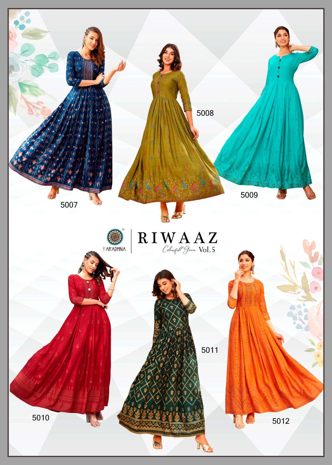 RIWAAZ VOL-5 BY ARADHNA FASHION 5001 TO 5012 SERIES BEAUTIFUL STYLISH FANCY COLORFUL CASUAL WEAR & ETHNIC WEAR & READY TO WEAR HEAVY RAYON WORK GOWNS AT WHOLESALE PRICE