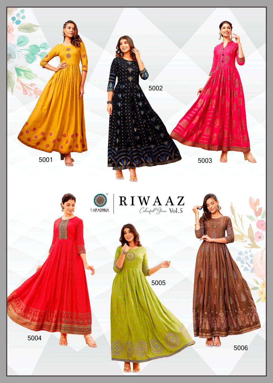 RIWAAZ VOL-5 BY ARADHNA FASHION 5001 TO 5012 SERIES BEAUTIFUL STYLISH FANCY COLORFUL CASUAL WEAR & ETHNIC WEAR & READY TO WEAR HEAVY RAYON WORK GOWNS AT WHOLESALE PRICE