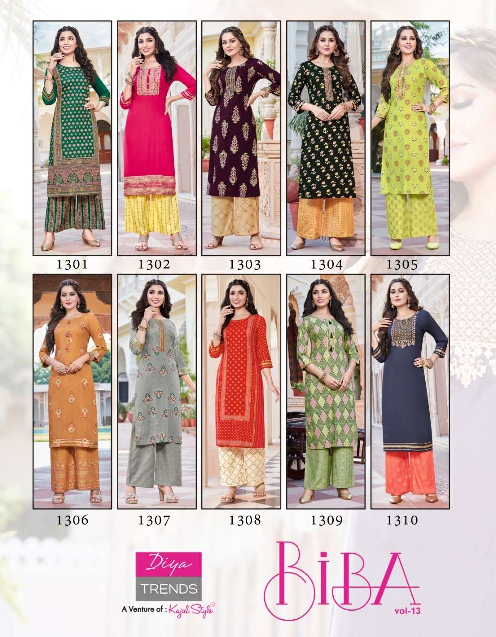 BIBA VOL-13 BY DIYA TRENDS 1301 TO 1310 SERIES BEAUTIFUL COLORFUL STYLISH FANCY CASUAL WEAR & ETHNIC WEAR & READY TO WEAR RAYON PRINT KURTIS WITH BOTTOM AT WHOLESALE PRICE