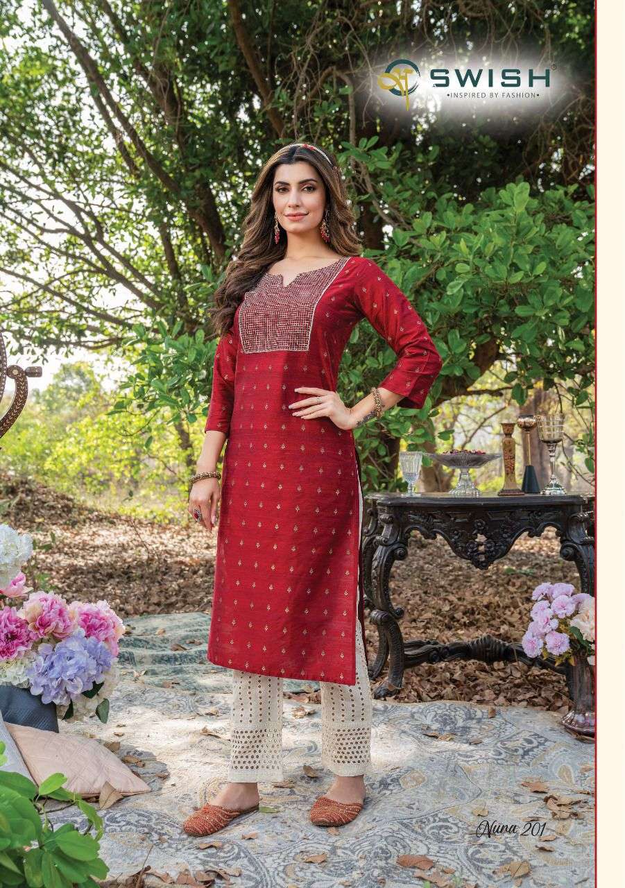 NURA VOL-2 BY SWISH 201 TO 205 SERIES DESIGNER STYLISH FANCY COLORFUL BEAUTIFUL PARTY WEAR & ETHNIC WEAR COLLECTION PURE SILK KURTIS AT WHOLESALE PRICE