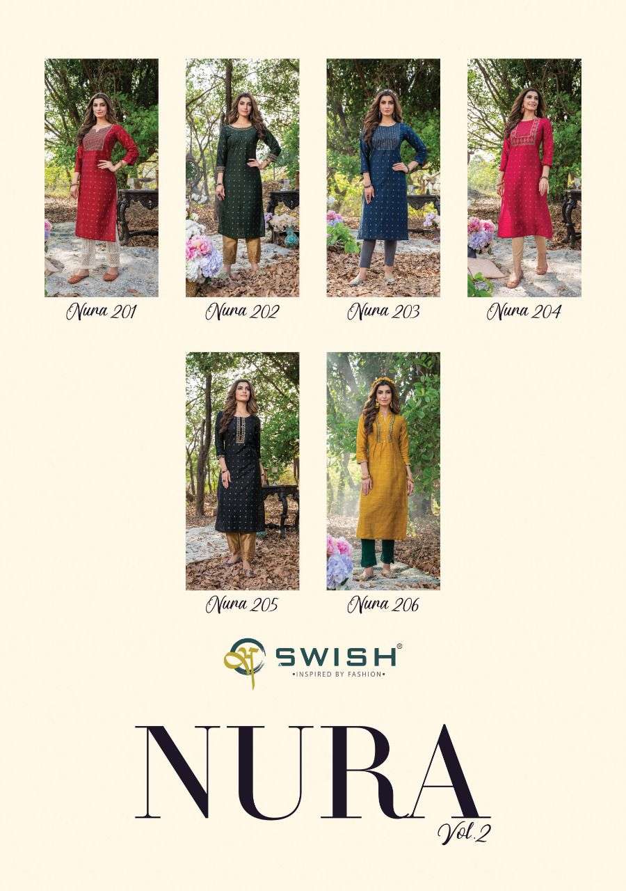 NURA VOL-2 BY SWISH 201 TO 205 SERIES DESIGNER STYLISH FANCY COLORFUL BEAUTIFUL PARTY WEAR & ETHNIC WEAR COLLECTION PURE SILK KURTIS AT WHOLESALE PRICE