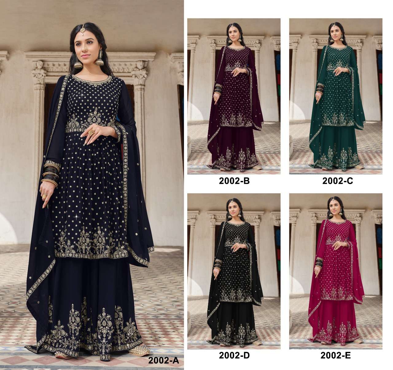 ZUBEDA 2002 COLOURS BY ZUBEDA 2002-A TO 2002-E SERIES BEAUTIFUL SHARARA SUITS COLORFUL STYLISH FANCY CASUAL WEAR & ETHNIC WEAR FAUX GEORGETTE DRESSES AT WHOLESALE PRICE