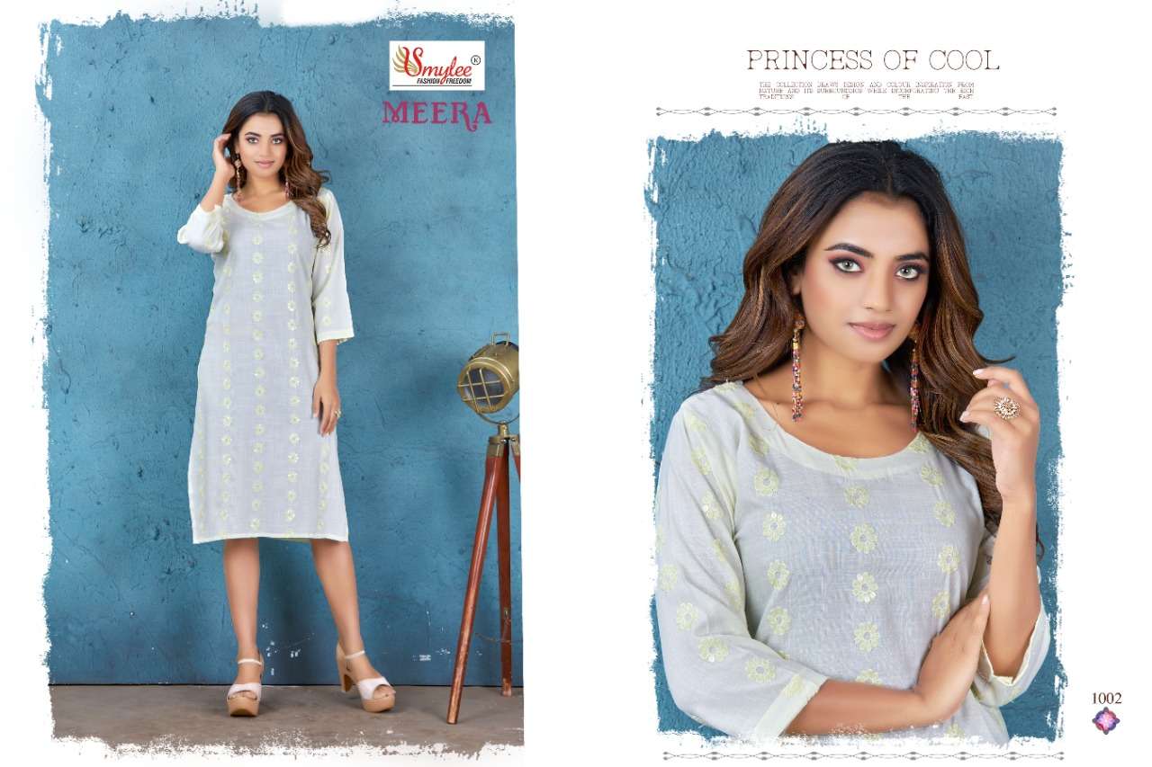 MEERA BY SMYLEE 1001 TO 1008 SERIES DESIGNER STYLISH FANCY COLORFUL BEAUTIFUL PARTY WEAR & ETHNIC WEAR COLLECTION PURE RAYON KURTIS AT WHOLESALE PRICE