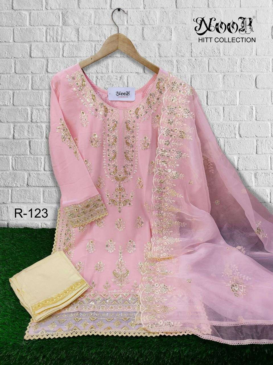 NOOR HIT DESIGN R-123 BY NOOR PAKISTANI SUITS BEAUTIFUL FANCY COLORFUL STYLISH PARTY WEAR & OCCASIONAL WEAR FAUX GEORGETTE EMBROIDERY DRESSES AT WHOLESALE PRICE