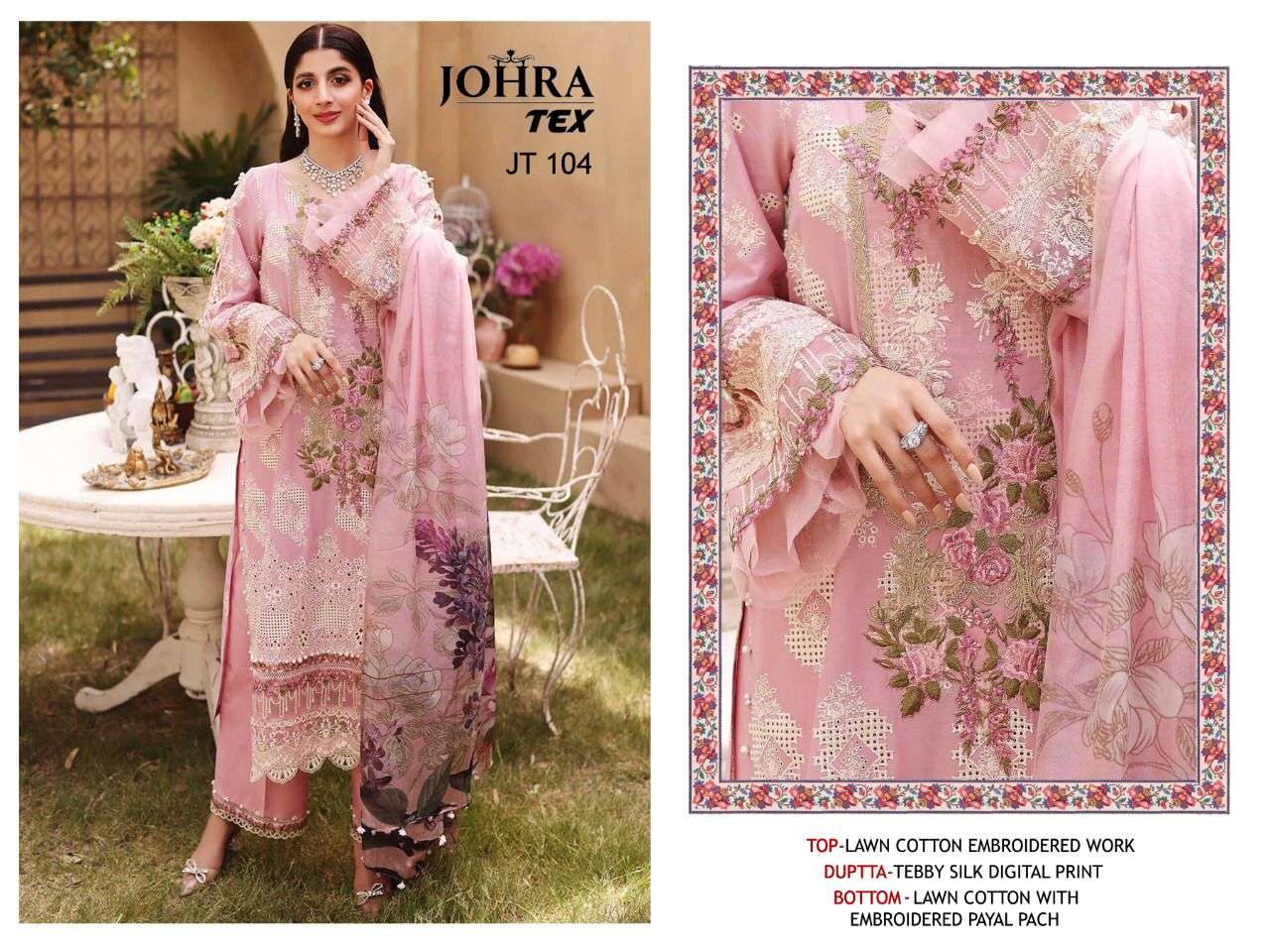 JOHRA HIT DESIGN 104 BY JOHRA TEX DESIGNER PAKISTANI SUITS BEAUTIFUL STYLISH FANCY COLORFUL PARTY WEAR & OCCASIONAL WEAR COTTON EMBROIDERED DRESSES AT WHOLESALE PRICE