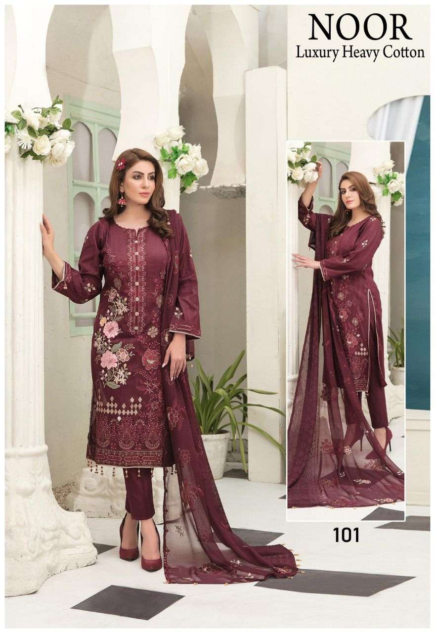 LUXURY HEAVY COTTON BY NOOR 101 TO 106 SERIES BEAUTIFUL PAKISTANI SUITS COLORFUL STYLISH FANCY CASUAL WEAR & ETHNIC WEAR HEAVY COTTON DRESSES AT WHOLESALE PRICE