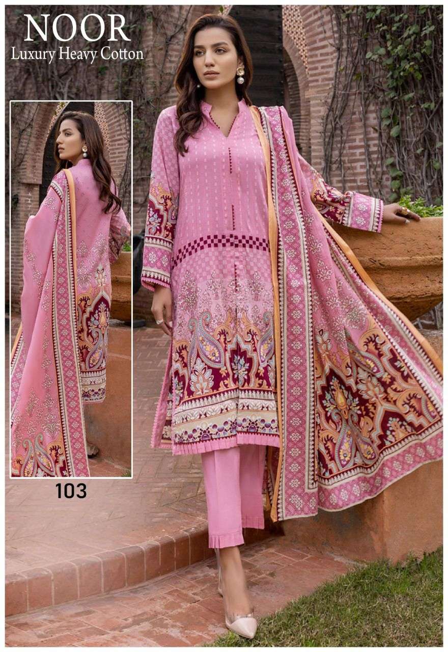 LUXURY HEAVY COTTON BY NOOR 101 TO 106 SERIES BEAUTIFUL PAKISTANI SUITS COLORFUL STYLISH FANCY CASUAL WEAR & ETHNIC WEAR HEAVY COTTON DRESSES AT WHOLESALE PRICE