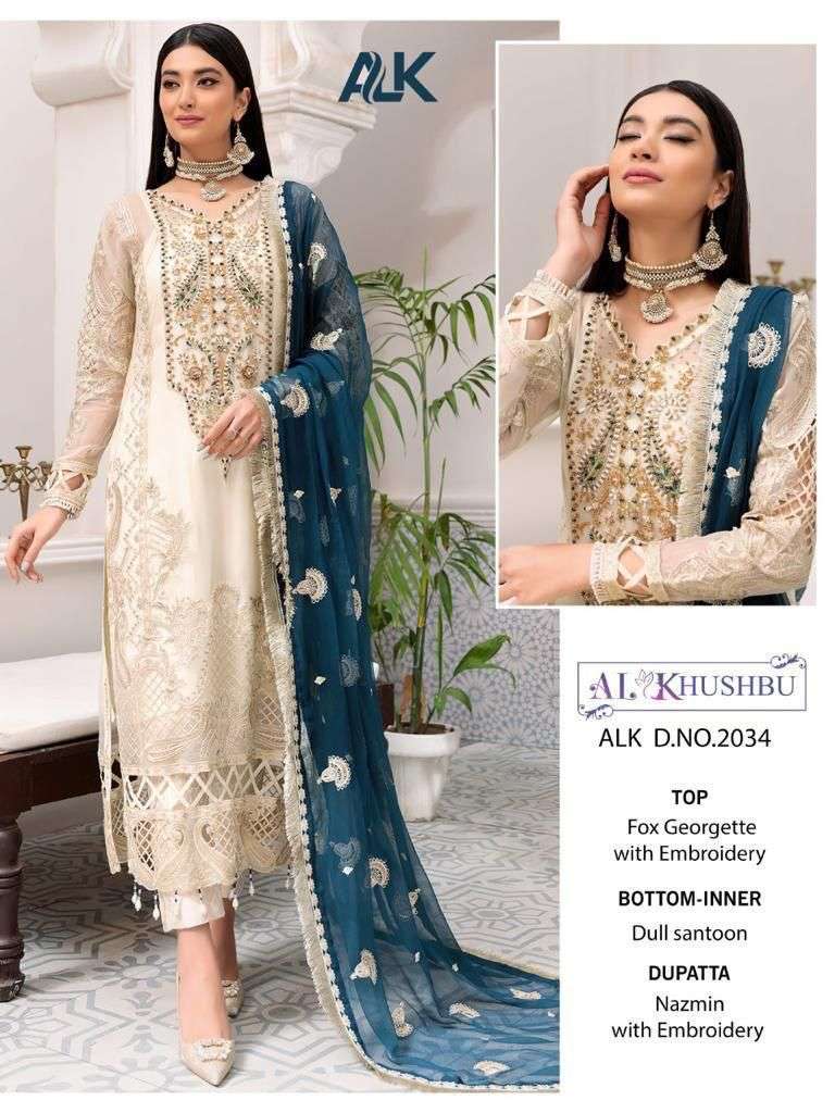 Al Khushbu Hit Design 2034 By Al Khushbu Designer Pakistani Suits Beautiful Stylish Fancy Colorful Party Wear & Occasional Wear Faux Georgette Embroidered Dresses At Wholesale Price