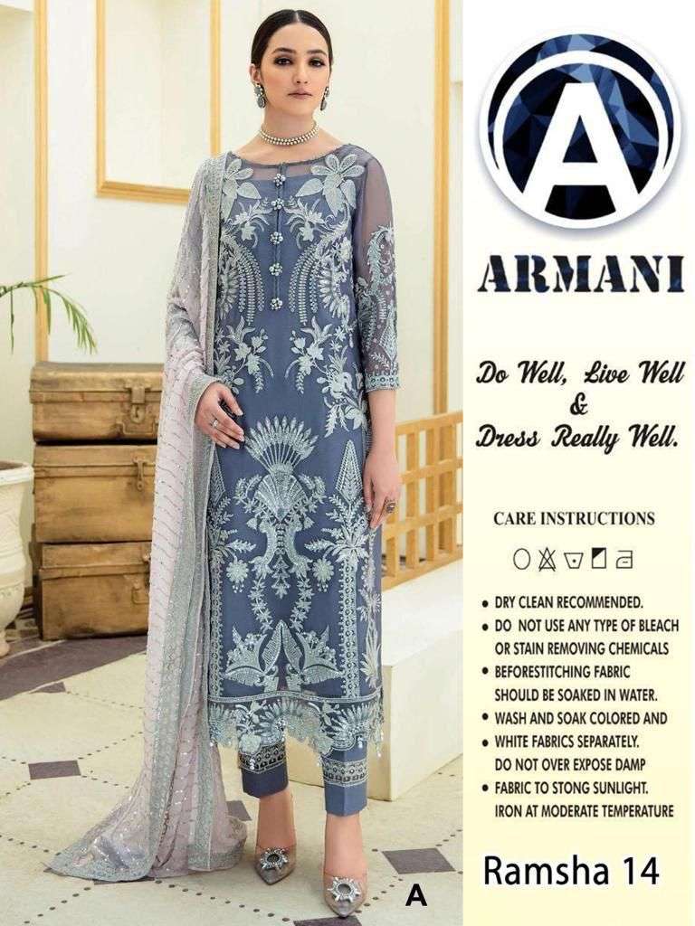 RAMSHA 14 COLOURS BY ARMANI 14-A TO 14-E SERIES PAKISTANI SUITS BEAUTIFUL FANCY COLORFUL STYLISH PARTY WEAR & OCCASIONAL WEAR BUTTERFLY NET WITH EMBROIDERY DRESSES AT WHOLESALE PRICE