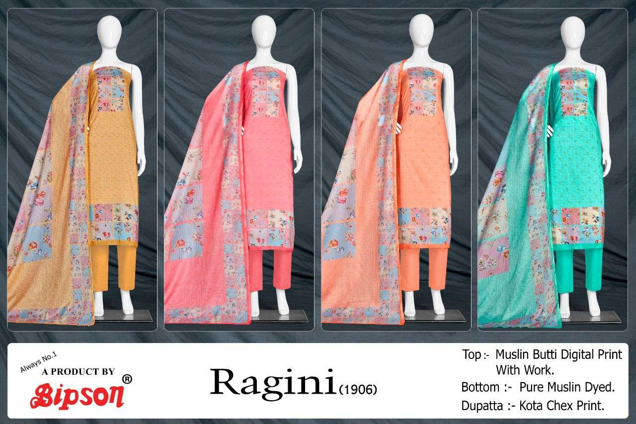 RAGINI 1906 BY BIPSON 01 TO 04 SERIES BEAUTIFUL SUITS COLORFUL STYLISH FANCY CASUAL WEAR & ETHNIC WEAR MUSLIN PRINT DRESSES AT WHOLESALE PRICE