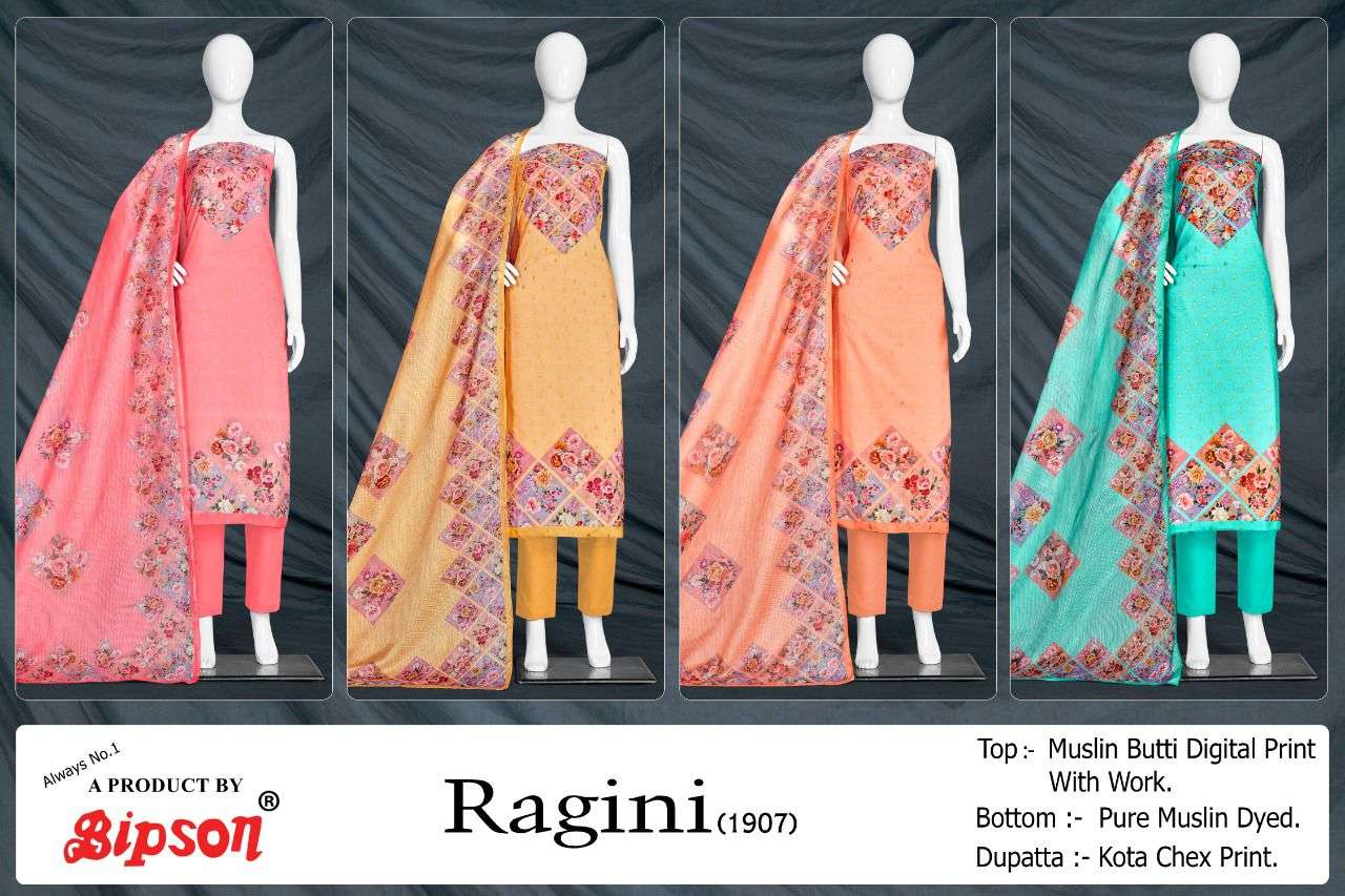 RAGINI 1907 BY BIPSON 01 TO 04 SERIES BEAUTIFUL SUITS COLORFUL STYLISH FANCY CASUAL WEAR & ETHNIC WEAR MUSLIN PRINT DRESSES AT WHOLESALE PRICE