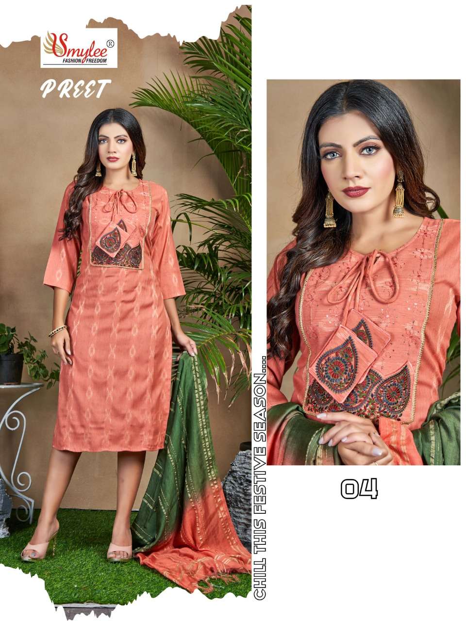 PREET BY SMYLEE 01 TO 08 SERIES DESIGNER STYLISH FANCY COLORFUL BEAUTIFUL PARTY WEAR & ETHNIC WEAR COLLECTION PURE RAYON KURTIS WITH DUPATTA AT WHOLESALE PRICE