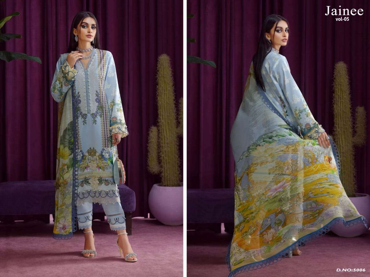 JAINEE VOL-5 BY AGHA NOOR 5001 TO 5008 SERIES BEAUTIFUL SUITS COLORFUL STYLISH FANCY CASUAL WEAR & ETHNIC WEAR LAWN COTTON DIGITAL PRINT DRESSES AT WHOLESALE PRICE