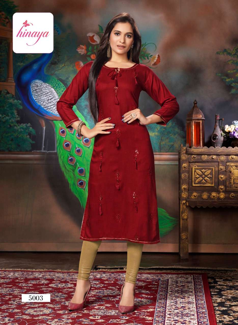 KAREENA VOL-5 BY HINAYA 5001 TO 5008 SERIES DESIGNER STYLISH FANCY COLORFUL BEAUTIFUL PARTY WEAR & ETHNIC WEAR COLLECTION RAYON EMBROIDERY KURTIS AT WHOLESALE PRICE