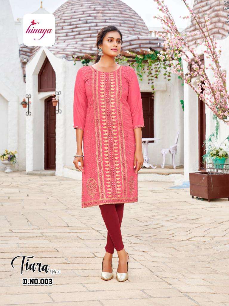 TIARA VOL-10 BY HINAYA 001 TO 008 SERIES DESIGNER STYLISH FANCY COLORFUL BEAUTIFUL PARTY WEAR & ETHNIC WEAR COLLECTION RAYON EMBROIDERY KURTIS AT WHOLESALE PRICE