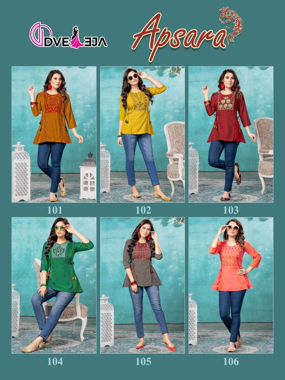 APSARA BY DVEEJA 101 TO 106 SERIES BEAUTIFUL STYLISH FANCY COLORFUL CASUAL WEAR & ETHNIC WEAR HEAVY RAYON TOPS AT WHOLESALE PRICE