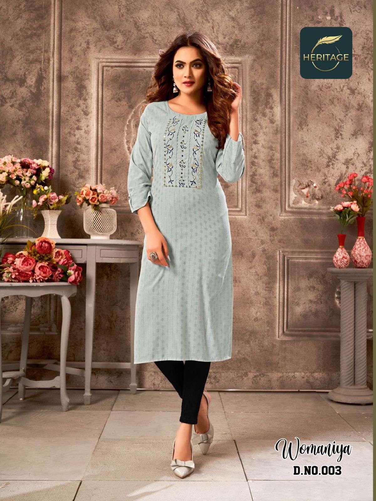 WOMANIYA BY HERITAGE 001 TO 006 SERIES DESIGNER STYLISH FANCY COLORFUL BEAUTIFUL PARTY WEAR & ETHNIC WEAR COLLECTION PURE RAYON KURTIS AT WHOLESALE PRICE