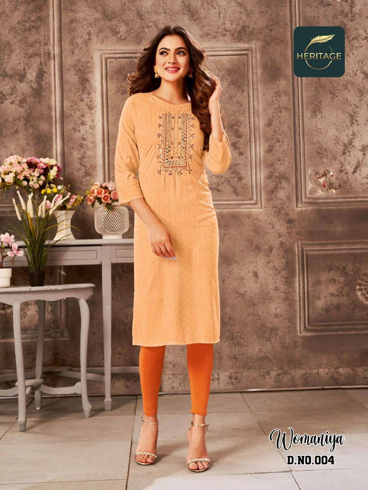 WOMANIYA BY HERITAGE 001 TO 006 SERIES DESIGNER STYLISH FANCY COLORFUL BEAUTIFUL PARTY WEAR & ETHNIC WEAR COLLECTION PURE RAYON KURTIS AT WHOLESALE PRICE