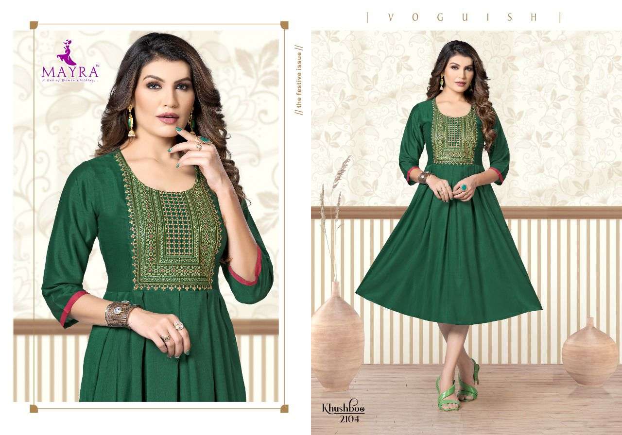 KHUSHBOO BY MAYRA 2101 TO 2108 SERIES DESIGNER STYLISH FANCY COLORFUL BEAUTIFUL PARTY WEAR & ETHNIC WEAR COLLECTION PURE RAYON KURTIS AT WHOLESALE PRICE