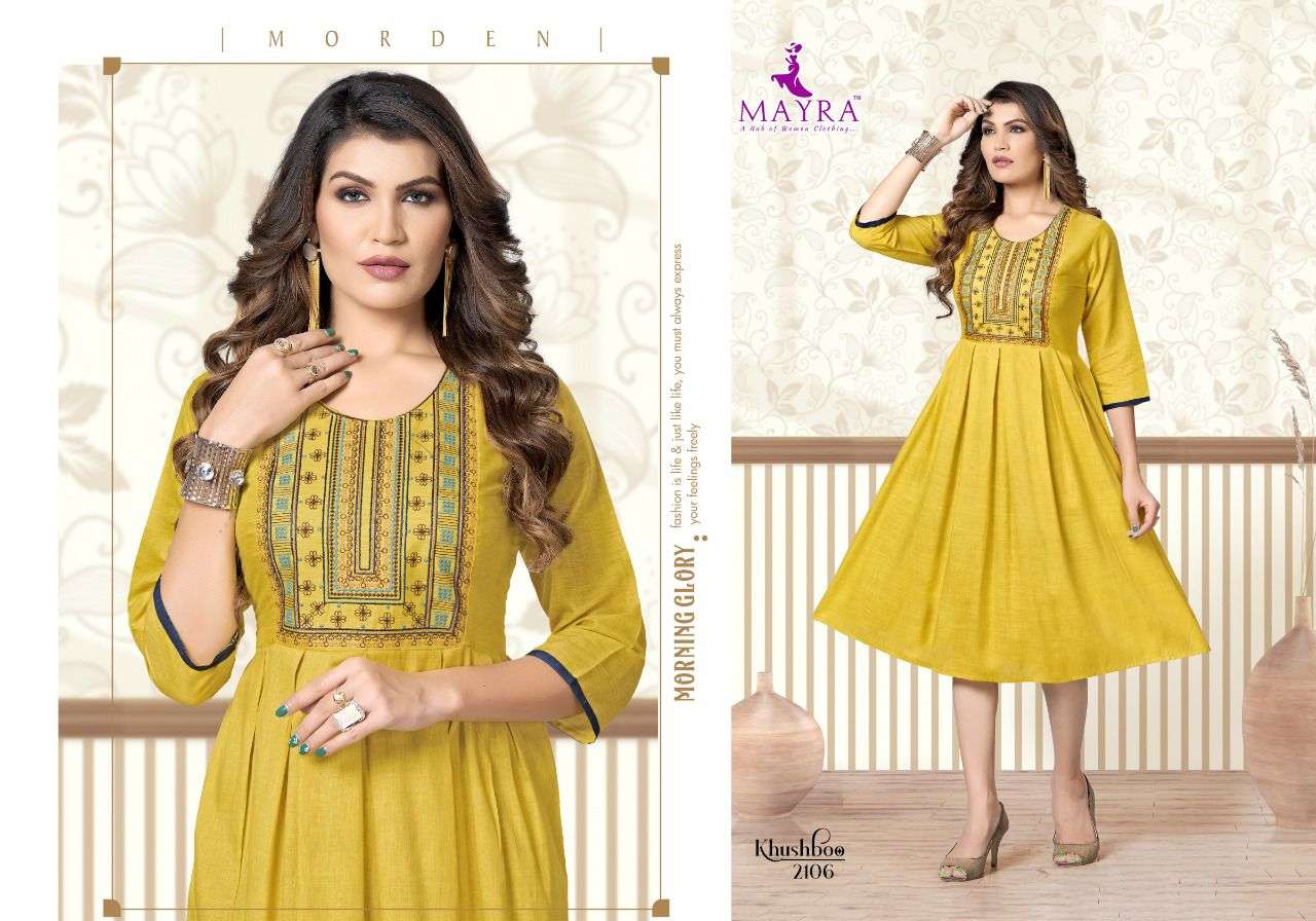 KHUSHBOO BY MAYRA 2101 TO 2108 SERIES DESIGNER STYLISH FANCY COLORFUL BEAUTIFUL PARTY WEAR & ETHNIC WEAR COLLECTION PURE RAYON KURTIS AT WHOLESALE PRICE