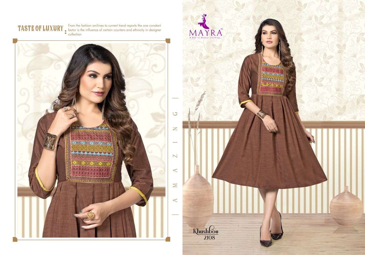 KHUSHBOO BY MAYRA 2101 TO 2108 SERIES DESIGNER STYLISH FANCY COLORFUL BEAUTIFUL PARTY WEAR & ETHNIC WEAR COLLECTION PURE RAYON KURTIS AT WHOLESALE PRICE