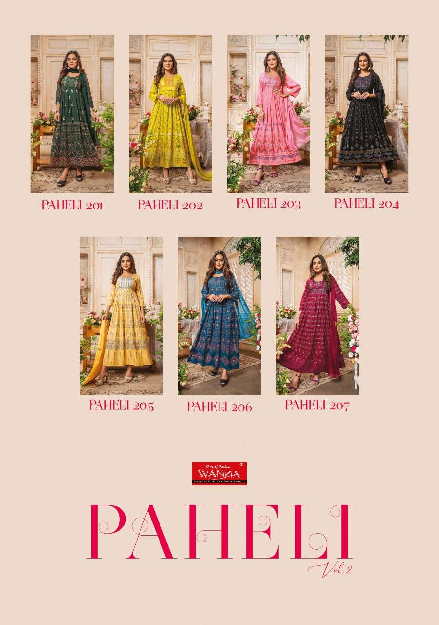 PAHELI VOL-2 BY WANNA 201 TO 207 SERIES DESIGNER STYLISH FANCY COLORFUL BEAUTIFUL PARTY WEAR & ETHNIC WEAR COLLECTION RAYON FOIL PRINT KURTIS WITH DUPATTA AT WHOLESALE PRICE