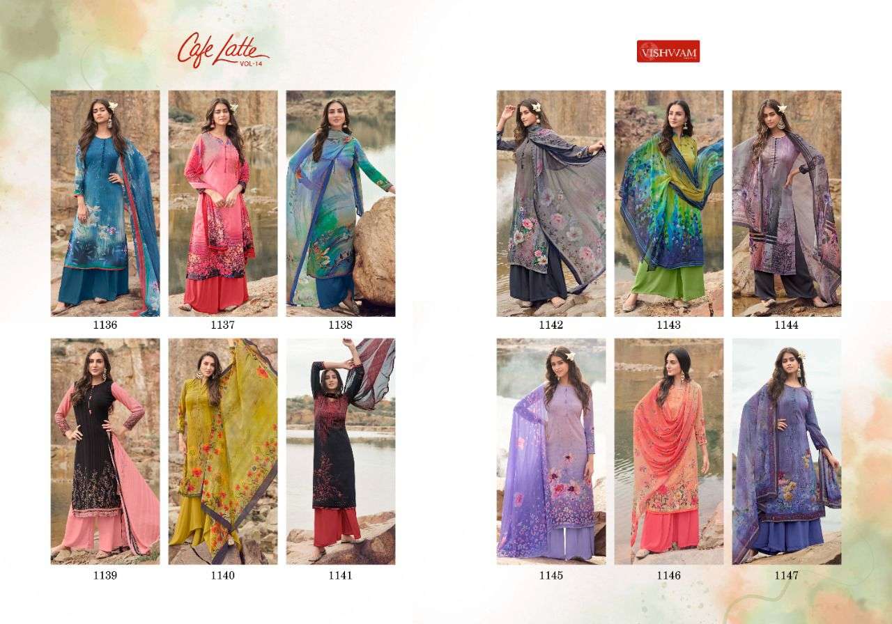 CAFE LATTE VOL-14 BY VISHWAM FABRICS 1136 TO 1147 SERIES INDIAN TRADITIONAL WEAR COLLECTION BEAUTIFUL STYLISH FANCY COLORFUL PARTY WEAR & OCCASIONAL WEAR HEAVY CREPE PRINT DRESSES AT WHOLESALE PRICE