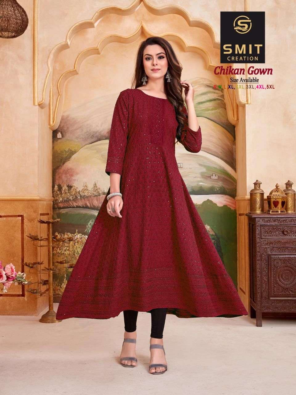 CHIKAN GOWN BY SMIT CREATION 1001 TO 1008 SERIES BEAUTIFUL STYLISH FANCY COLORFUL CASUAL WEAR & ETHNIC WEAR FANCY GOWNS AT WHOLESALE PRICE