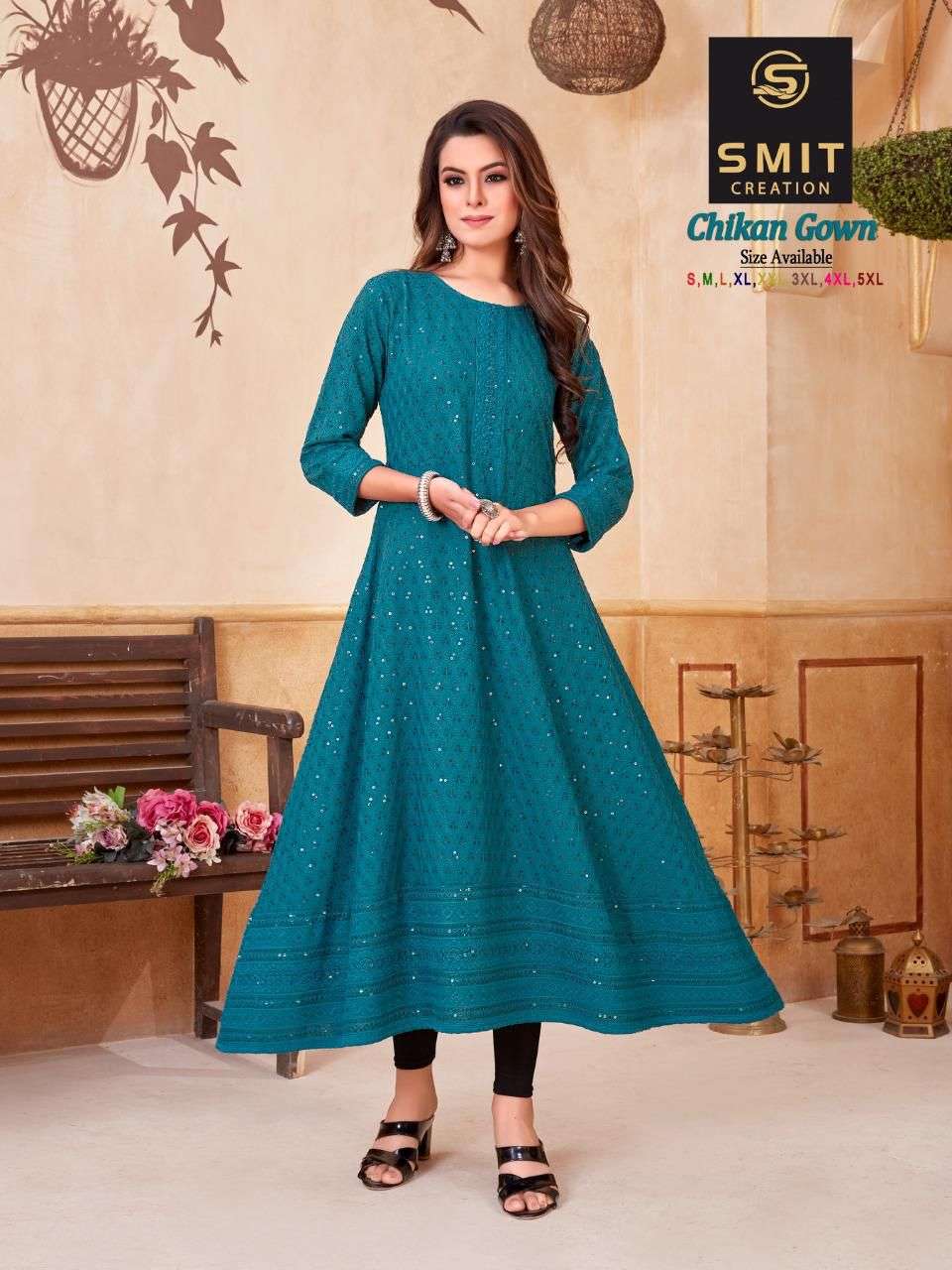 CHIKAN GOWN BY SMIT CREATION 1001 TO 1008 SERIES BEAUTIFUL STYLISH FANCY COLORFUL CASUAL WEAR & ETHNIC WEAR FANCY GOWNS AT WHOLESALE PRICE