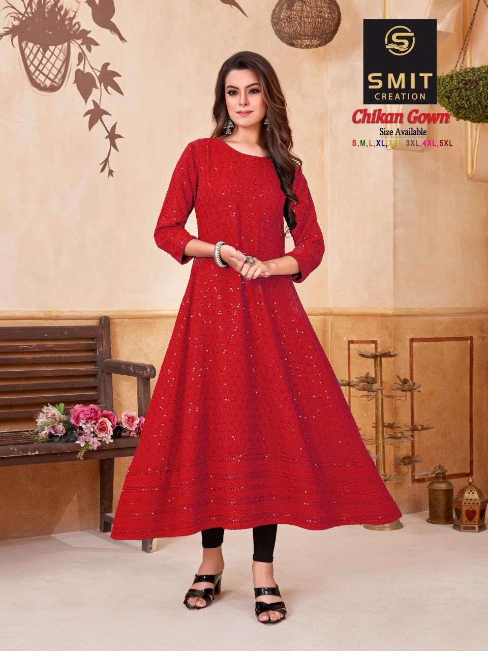CHIKAN GOWN BY SMIT CREATION 1001 TO 1008 SERIES BEAUTIFUL STYLISH FANCY COLORFUL CASUAL WEAR & ETHNIC WEAR FANCY GOWNS AT WHOLESALE PRICE