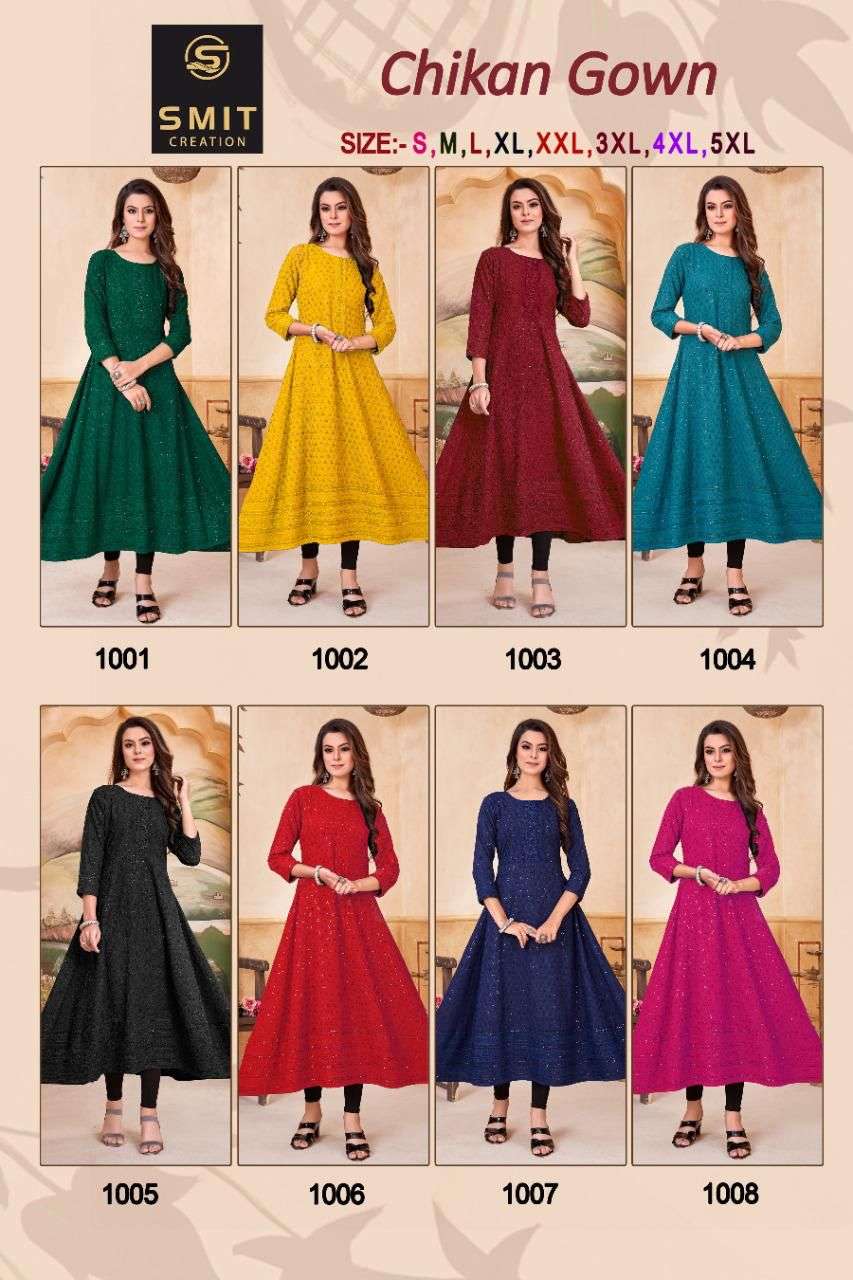 CHIKAN GOWN BY SMIT CREATION 1001 TO 1008 SERIES BEAUTIFUL STYLISH FANCY COLORFUL CASUAL WEAR & ETHNIC WEAR FANCY GOWNS AT WHOLESALE PRICE